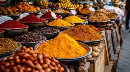 Fototapeta premium Colorful Spices and Dried Goods in a Moroccan Market Stall