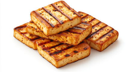 Fresh bake and grill, Freshly grilled tofu slices with crispy edges stacked on white background, showcasing delicious and healthy plant based protein option