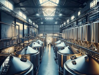 Obraz premium Massive Brewery with Rows of Steel Fermentation Vats and Workers Monitoring Beer Making Process