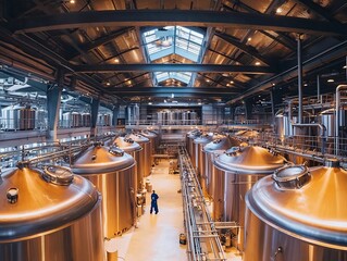 Massive Brewery with Rows of Steel Fermentation Vats and Workers Monitoring Beer Production