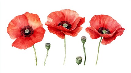 Watercolor red poppies illustration on a white background, ideal for nature-themed designs. 
