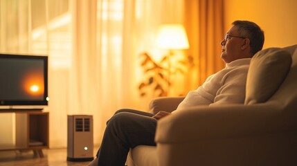 Obraz premium Middle-aged man relaxing in his cozy living room, watching television with a portable heater nearby for added warmth. The room is warmly lit, an inviting and restful atmosphere