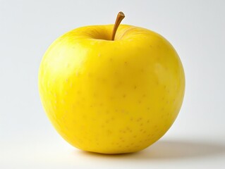 juicy yellow apple glistening under soft natural light, showcasing its smooth skin and vibrant color against a clean white background, emphasizing freshness and healthy living
