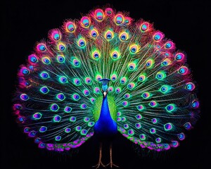 Neon Peacock s Radiant Feathers Shimmering in the Dark