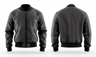 A black bomber jacket displayed from the front and back views.
