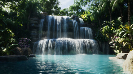 Naklejka premium A breathtaking view of a multi-tiered waterfall pouring into a large natural swimming pool, creating a relaxing atmosphere 