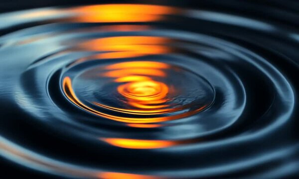 Closeup of concentric ripples in a calm water surface, reflecting an orange glow.