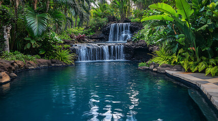 Naklejka premium A tranquil natural swimming pool reflecting the cascading waterfall above, with ferns and tropical plants lining the edges 