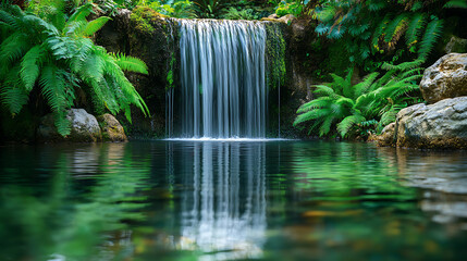 A tranquil natural swimming pool reflecting the cascading waterfall above, with ferns and tropical plants lining the edges 