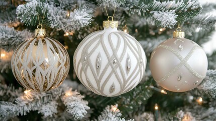 Elegant Christmas ornaments with intricate silver and gold designs, hanging on a frosted tree.