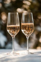 Glasses of sparkling wine on an outdoor table with a snowy park backdrop