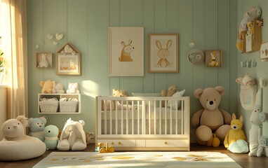Cute and cozy nursery room with pastel color scheme, genderneutral design, soft toys, modern furniture, and decorative accents, welcoming atmosphere for a baby