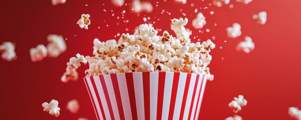 Popcorn exploding from striped bucket on red background