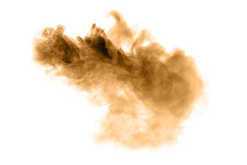 Golden and brown sand dust like smoke swirling in a bomb storm, spraying in the air as colorful lumps on a black and white background.