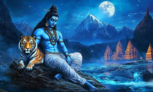 Hindu deity Shiva sits on a rock with a tiger beside him, with a snowy mountain, full moon and river in the background.