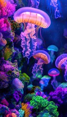 Obraz premium Surreal underwater world with glowing jellyfish and colorful coral in vivid purples, blues, and greens