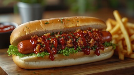 Delicious hot dog with chili, french fries, ketchup, and lettuce on wooden board