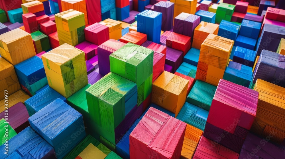 Poster A playful block-building area with colorful blocks, Blocks meticulously arranged in creative patterns, Contemporary artistic style