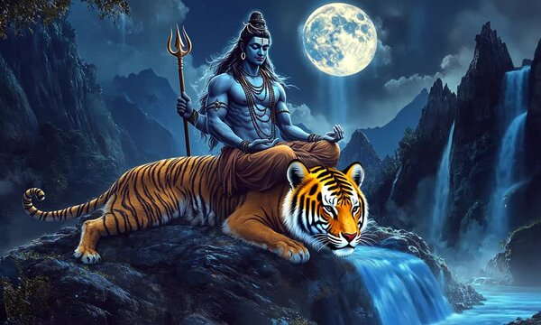 Hindu god Shiva meditating on a tiger in a night landscape with waterfalls and a full moon.