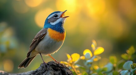Fototapeta premium A small blue and orange bird sings a song on a branch in a sunny forest.
