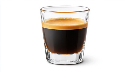 Fresh bake and grill, Freshly brewed espresso shot with rich crema in clear glass. Enjoy bold flavor and aroma of this classic coffee beverage
