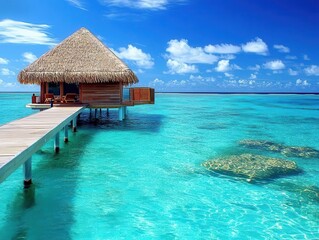 luxurious beachfront resort in maldives, turquoise waters, overwater bungalows, idyllic scenery, serene retreat, exotic paradise, direct ocean access, tropical beauty