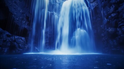 A serene waterfall cascading into a tranquil pool, surrounded by dark rock formations, evoking a peaceful ambiance.