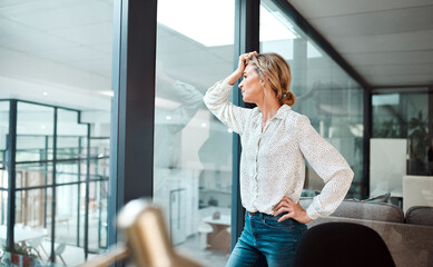 Thinking, stress and mature woman in office with worry for crisis, company risk and mistake....