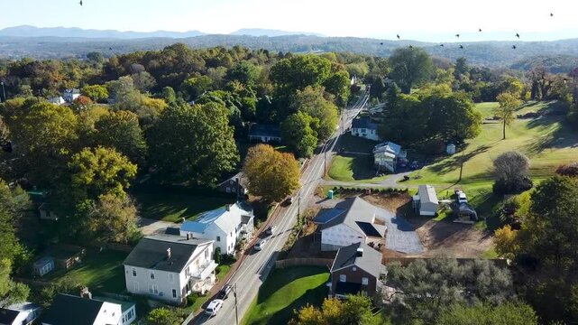 Aerial footage of the downtown of Fincastle on a sunny day in Botetourt County, Virginia, USA