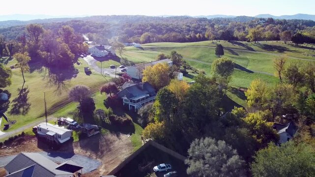 Aerial footage of the houses and green fields in Fincastle town in Botetourt County, Virginia, USA