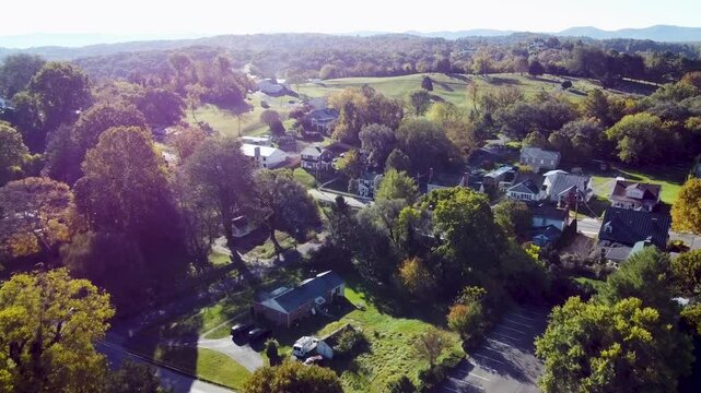 Drone flying over the houses near to St Marks Episcopal Church in Fincastle, Botetourt, VA, USA
