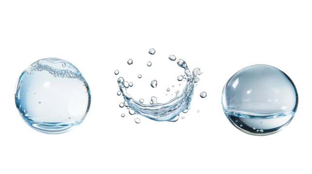 Three distinct water droplets are captured in different forms, highlighting the beauty of their shapes and the clarity of reflections against a clean, transparent background