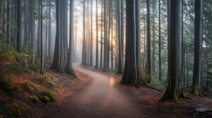 Obraz premium Sunlit Pathway Through a Foggy Forest