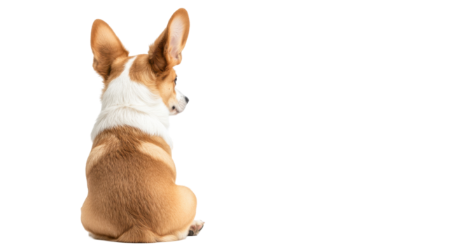 A corgi sits contently, facing away, with its ears raised. This charming moment captures the playful nature of this breed in a light-filled environment