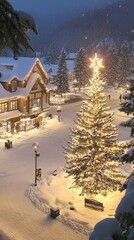 Fototapeta premium Snowy Town Square with Christmas Tree and Lights