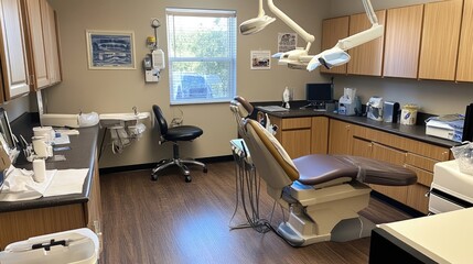 Modern dental office interior with high-tech equipment, comfortable patient chair, organized workspace, and bright natural light streaming through windows