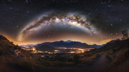 Fototapeta premium Captivating Night Sky Over Cityscape: Milky Way Arching Over Illuminated Valleys and Mountains in Serene Wilderness and Urban Harmony