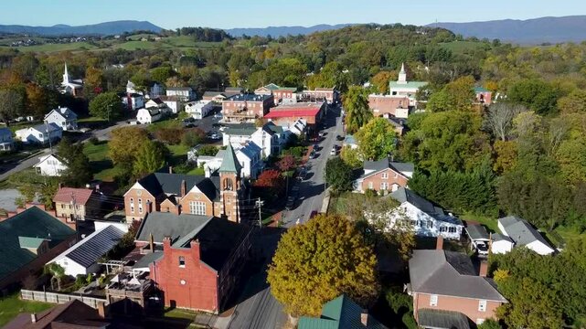 Drone footage of the downtown of Fincastle houses on a sunny day in Botetourt County, Virginia, USA
