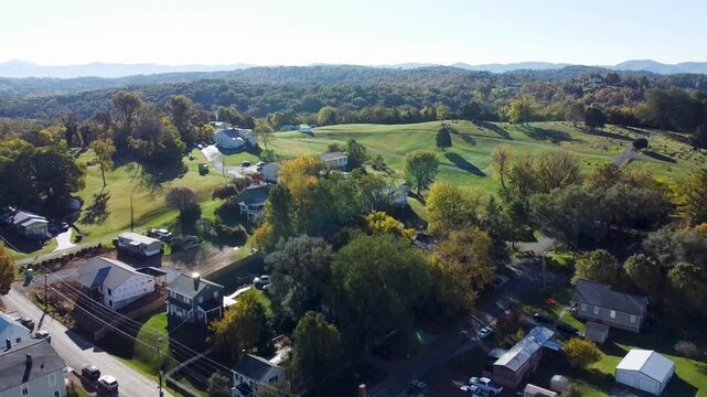 Aerial footage of the downtown of Fincastle on a clear sunny day in Botetourt County, Virginia, USA