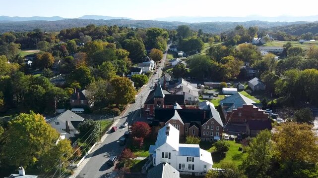 Aerial footage of the downtown Fincastle on a sunny day in Botetourt County, Virginia, USA