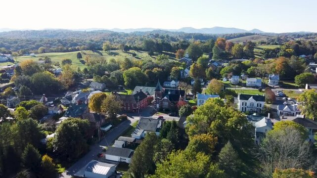 Aerial footage of the Baptist Church and the nearby buildings in Fincastle town, Botetourt, VA, USA
