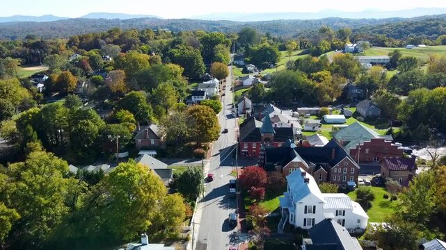 Aerial footage of the downtown of Fincastle, Botetourt, Virginia, United States