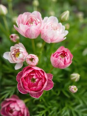 Close-up of beautiful pink and white ranunculus flowers in bloom, garden, floral
