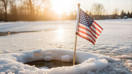 American Flag on Ice Fishing Hole in Winter Landscape with Snow