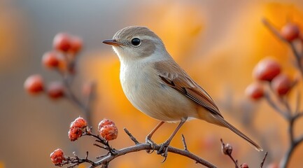 A small brown and grey bird perches on a branch with red berries against a warm yellow and orange background.