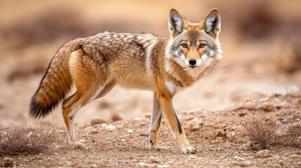 Obraz premium A coyote standing on dry ground, looking directly at the camera
