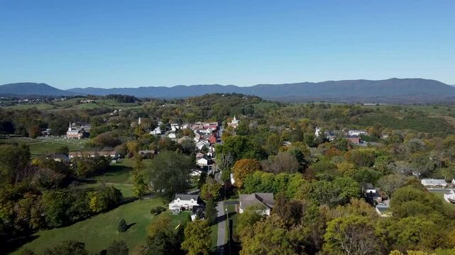 Aerial footage of the cityscape of Fincastle on a sunny day in Botetourt County, Virginia, USA