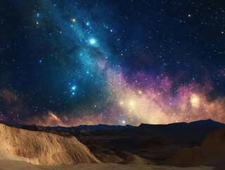 Obraz premium majestic night sky on an alien planet, vivid star clusters, glowing nebulae, mysterious hues, otherworldly landscape below, intriguing and awe-inspiring cosmic view