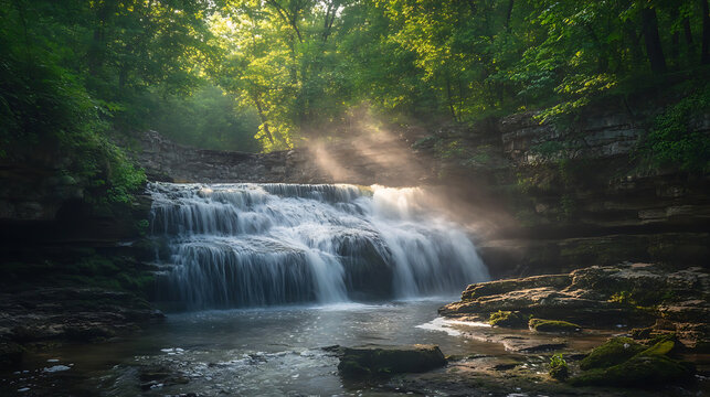 A wide-angle view of a waterfall with mist rising, highlighting the use of natural light and composition techniques 