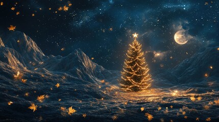 Enchanting Christmas Tree Illuminated by Stars Against a Mystical Night Sky Filled with Glowing Moonlight and Falling Autumn Leaves in a Serene Landscape